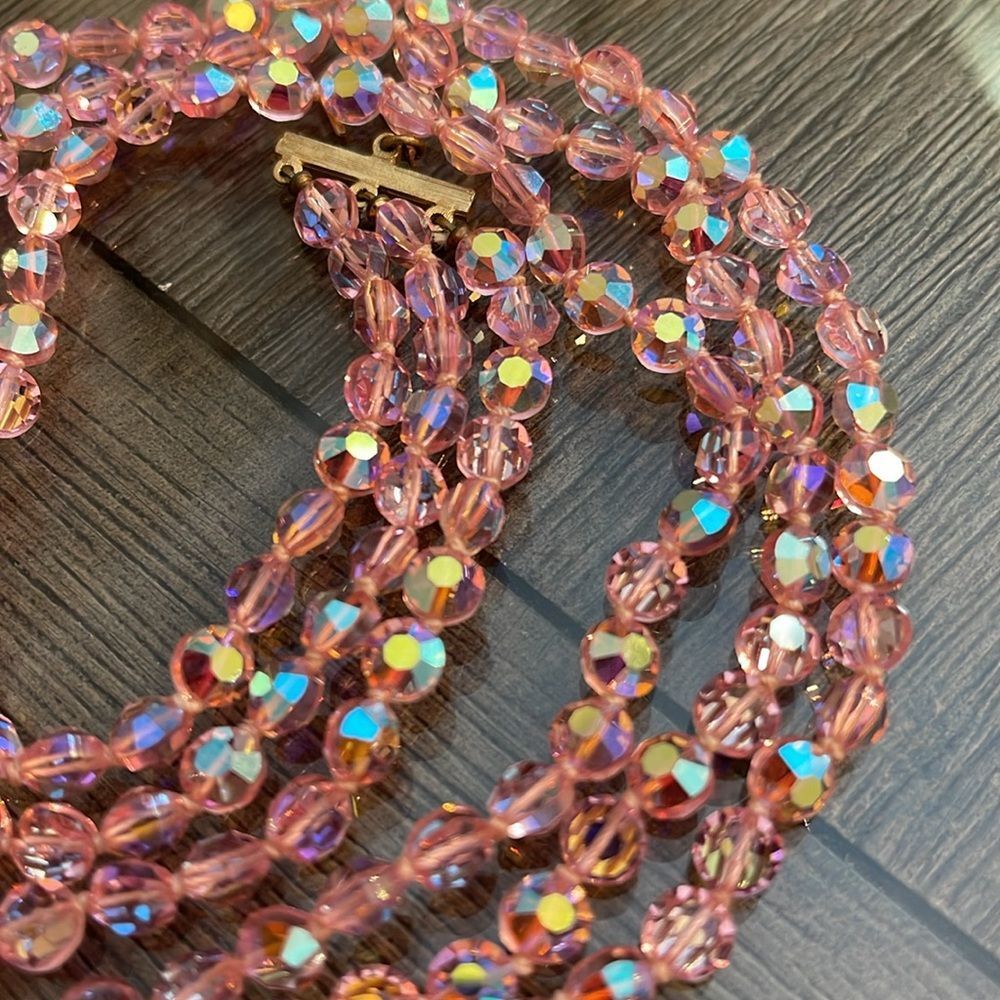 Vintage Three Strand Pink AB Crystal Necklace - Choker - Picture 15 of 16